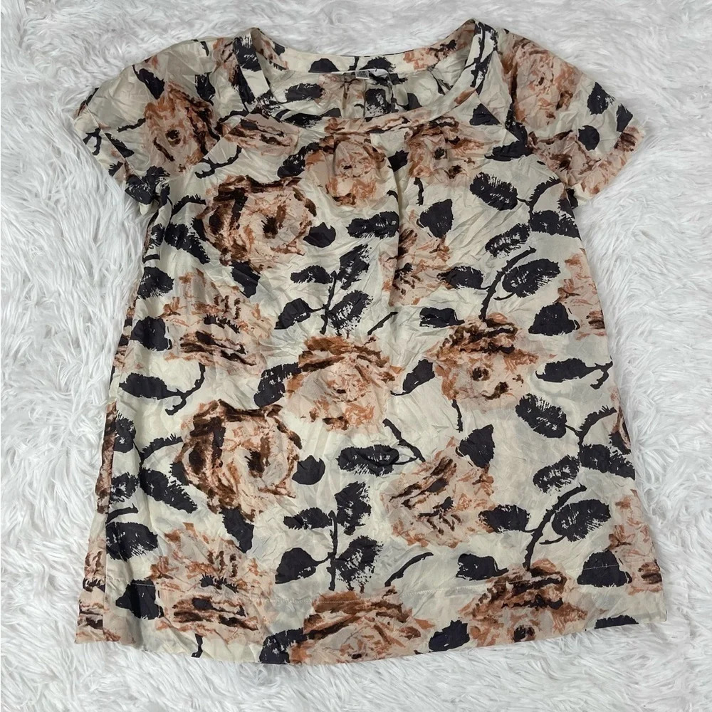 CAbi 100% Silk Cream Pink Brown Floral Print Short Sleeve Blouse Women’s Size XS